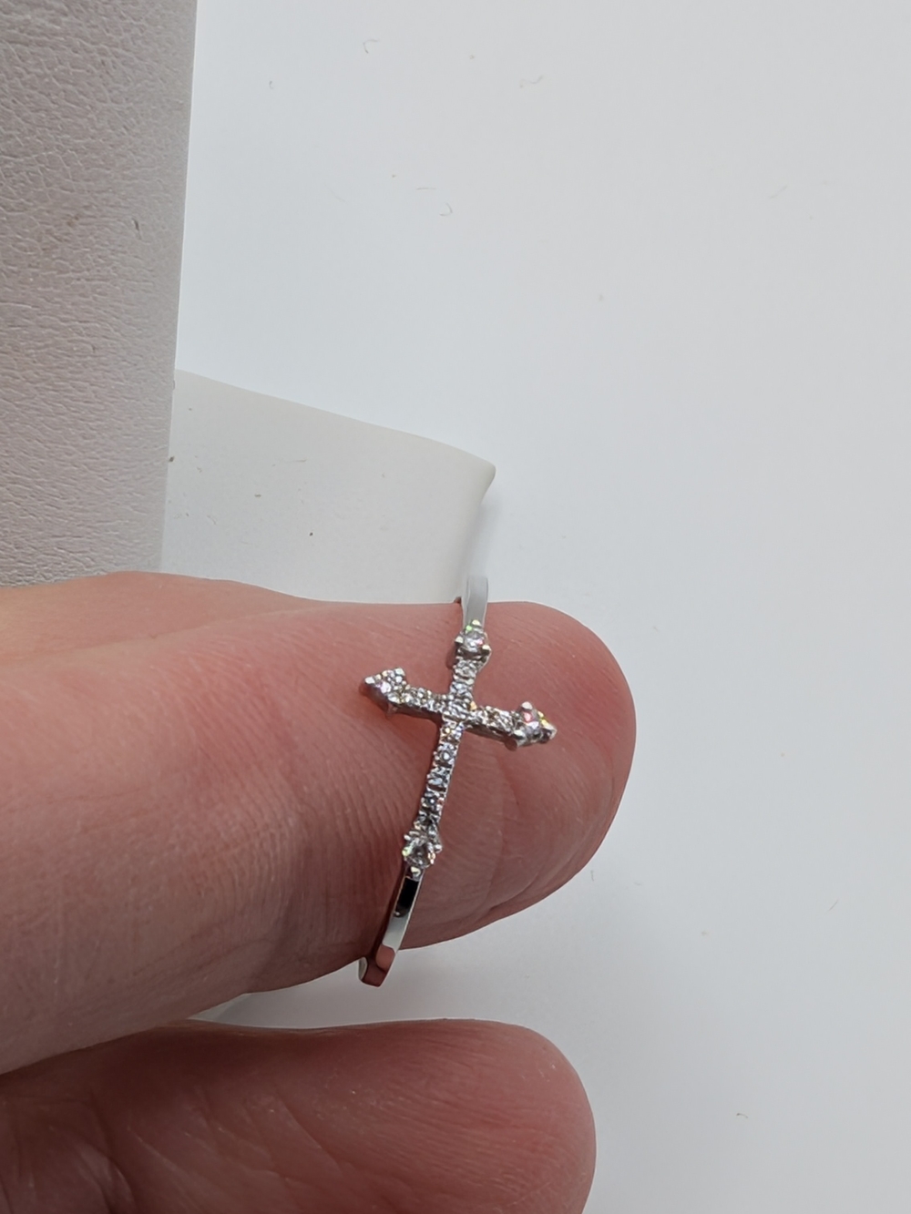 Delicate White Gold Cross Ring with Diamonds - Picture 2 of 4